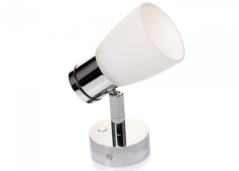 LED vegglampe R1-1 krom blank med satinert hvitt glass forfra