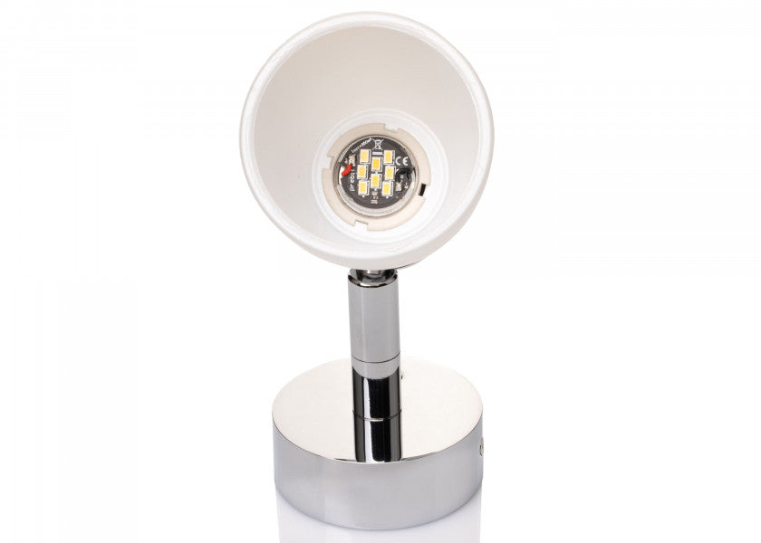 Detalj av LED vegglampe R1-1 krom blank med satinert hvitt glass