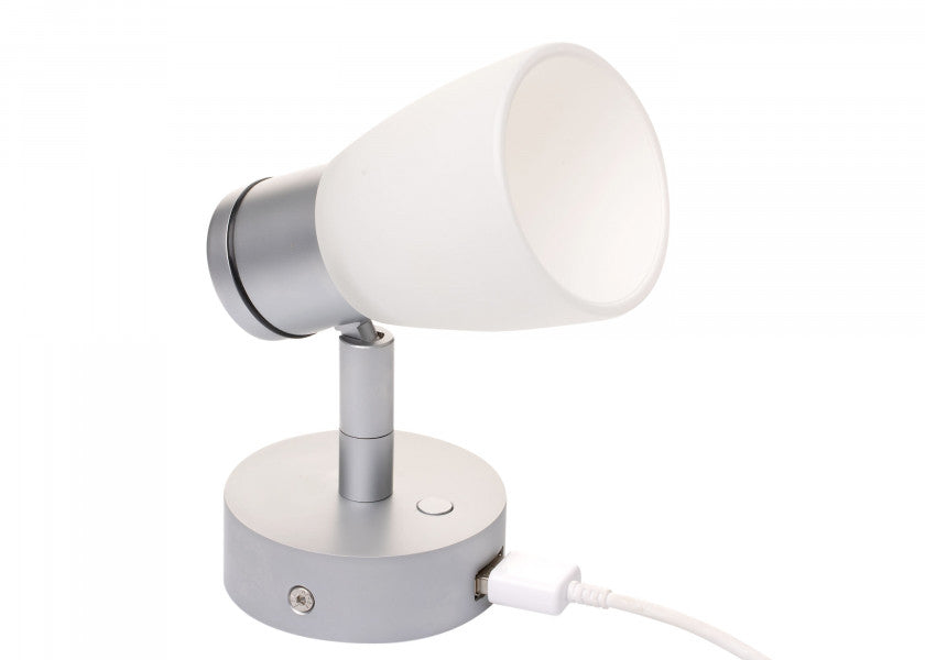 LED vegglampe R1-1 med USB krom-matt satinert glass forfra