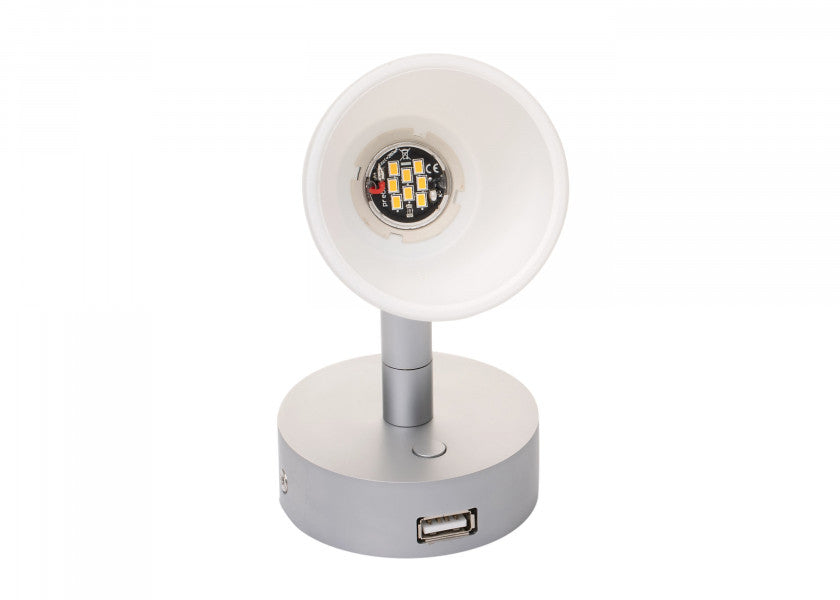 LED vegglampe R1-1 med USB krom-matt satinert glass detalj