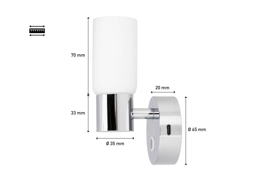 Sidevisning av LED vegglampe rund med touch-bryter og USB-C ladeport 2700K