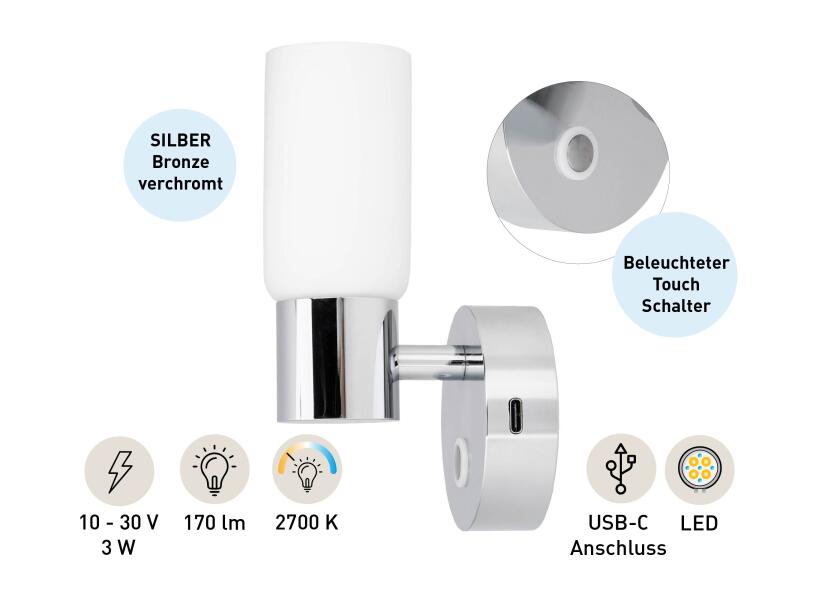 Oversikt over LED vegglampe rund med touch-bryter og USB-C ladeport 2700K