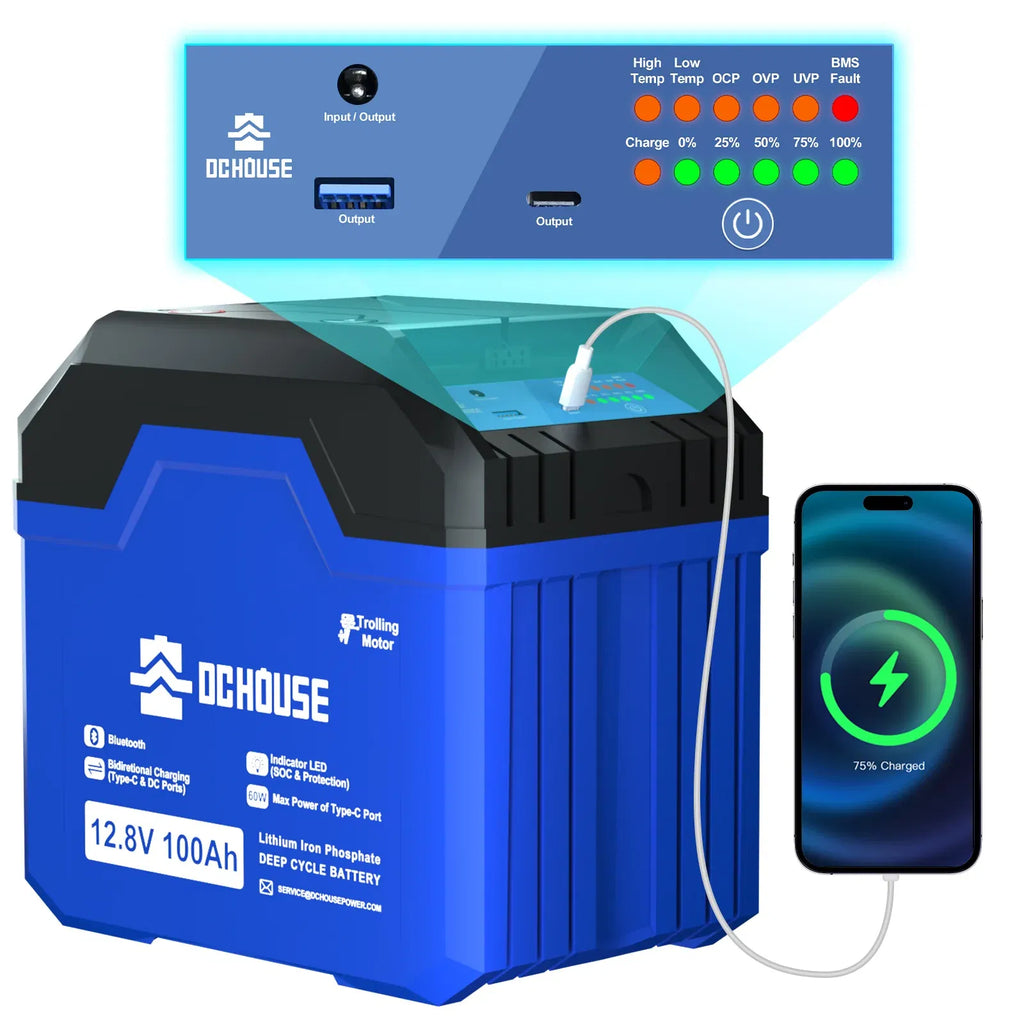 LiFePO4 batteri 12V 100Ah med Bluetooth vist med mobilapp