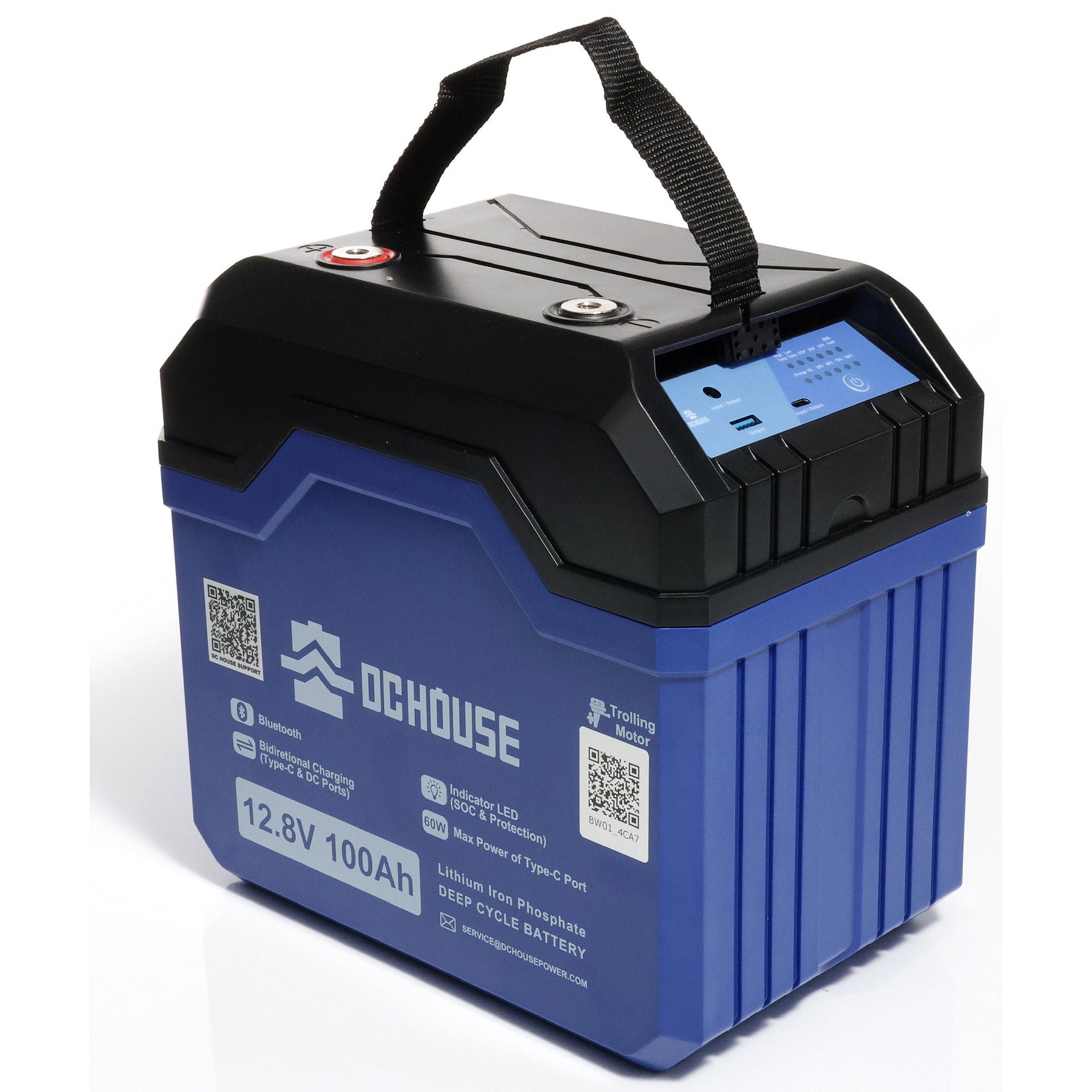 LiFePO4 batteri 12V 100Ah med Bluetooth forfra