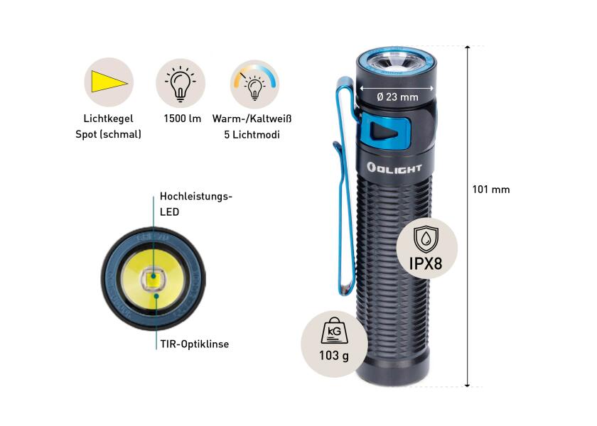 Nærbilde av knapp på Lommelykt Baton III Pro 1500 lumen IPX8