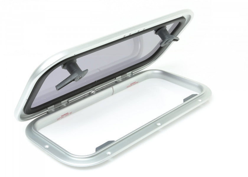 Low-profile dekksluke 556 x 278 mm aluminium røykgrå 180° bakside