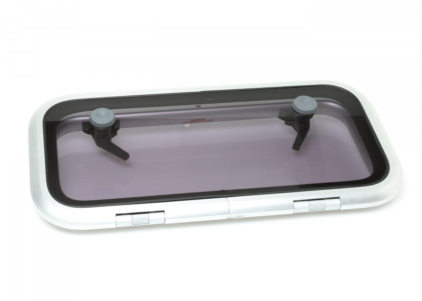 Low-profile dekksluke 556 x 278 mm aluminium røykgrå 180° forfra