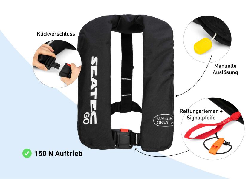 Manuell redningsvest GO 150 N svart polyester - Seatec med logo