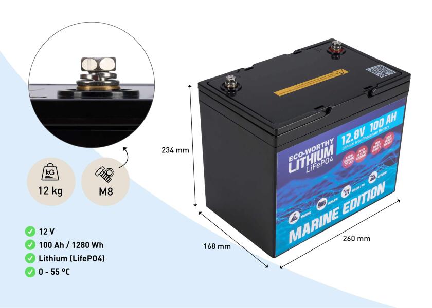 Marine litiumbatteri LiFePO4 12V 100 Ah - ECO WORTHY detalj