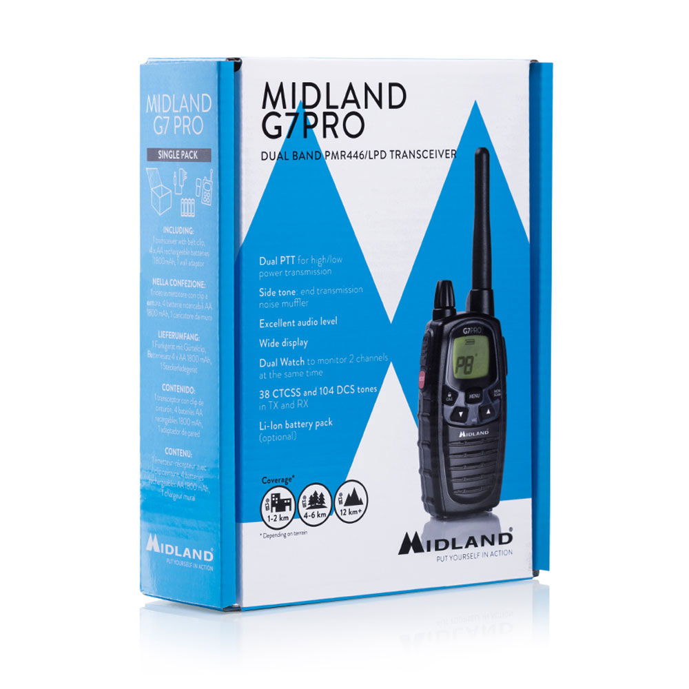 Midland G7 Pro PMR446 LPD radio montert på belteklips