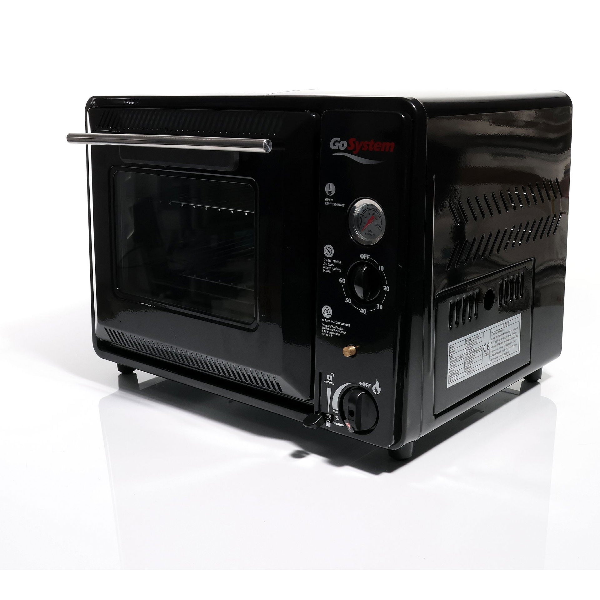 Mini gassovn 1300 W piezotenning 30 liter 280 °C montert med gasskartusje