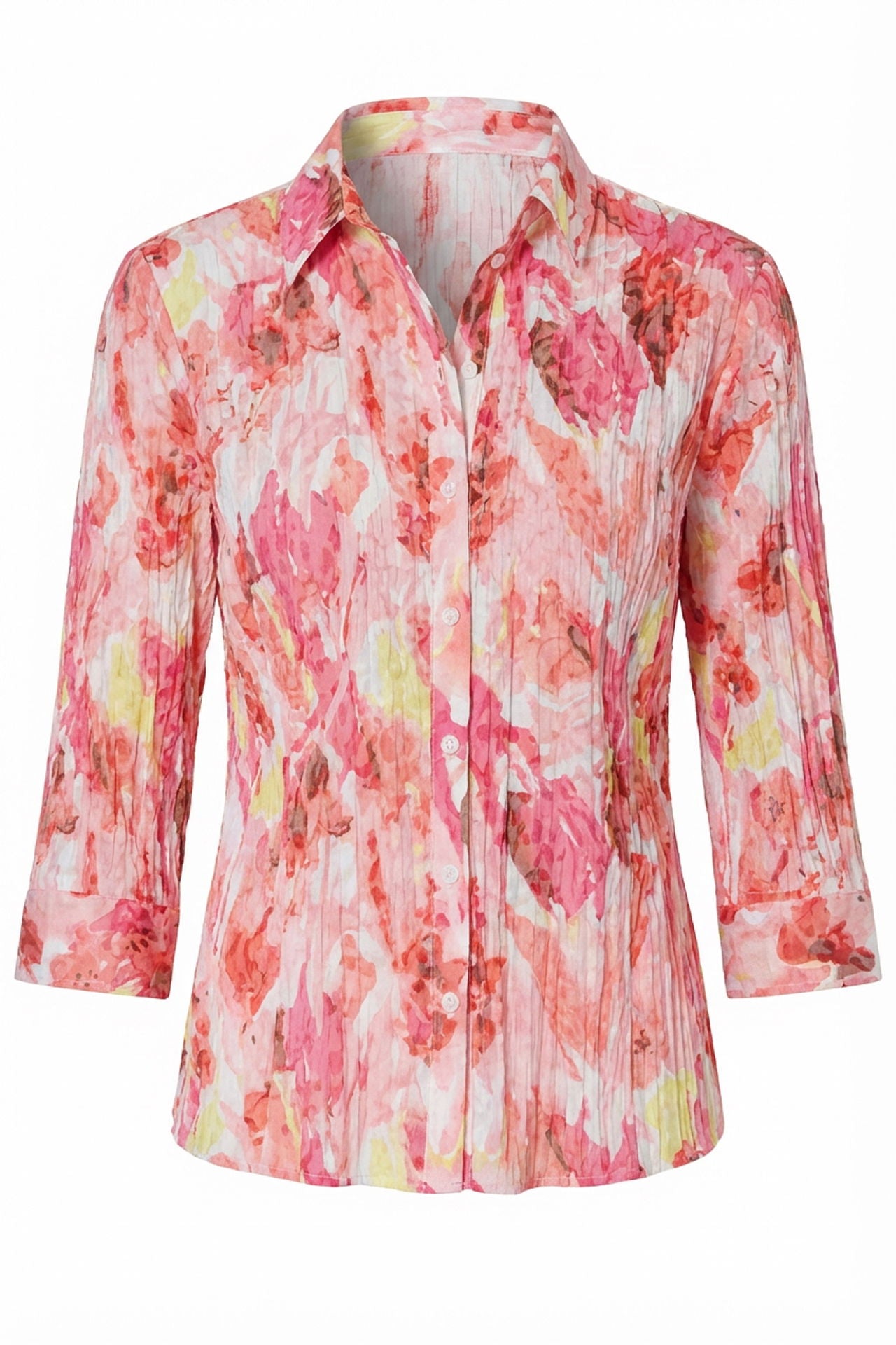Nærbilde av stoff og knapper på mønstret bluse dame bomull/polyester 3/4-ermer