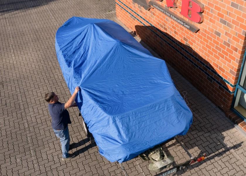 Motorbåtpresenning polyester 220 g/m² 4,3-4,9 m blå syning detalj