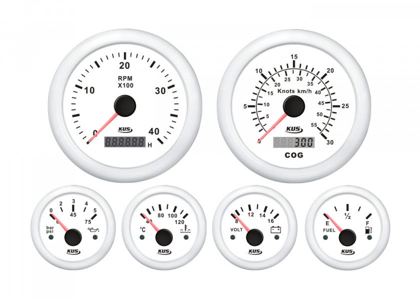 Motorinstrumentsett hvit 12V - KUS forfra