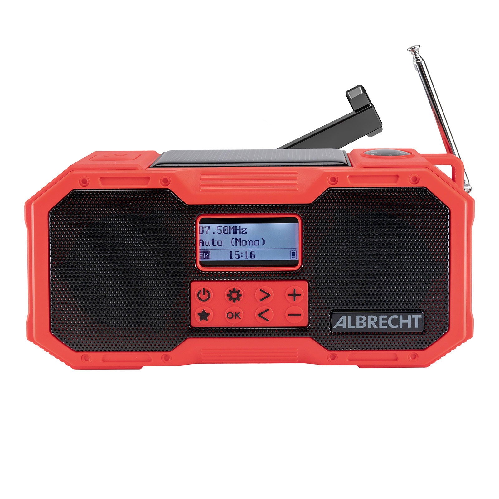 Nødradio DAB+ med sveiv og solcelle, lommelykt og powerbank - Albrecht forfra