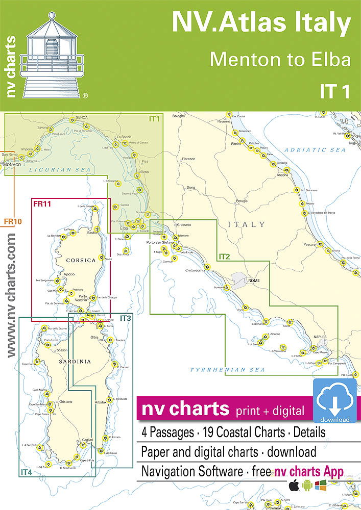 NV. Atlas Italia IT 1 - Menton til Elba sjøkart for kystnavigasjon