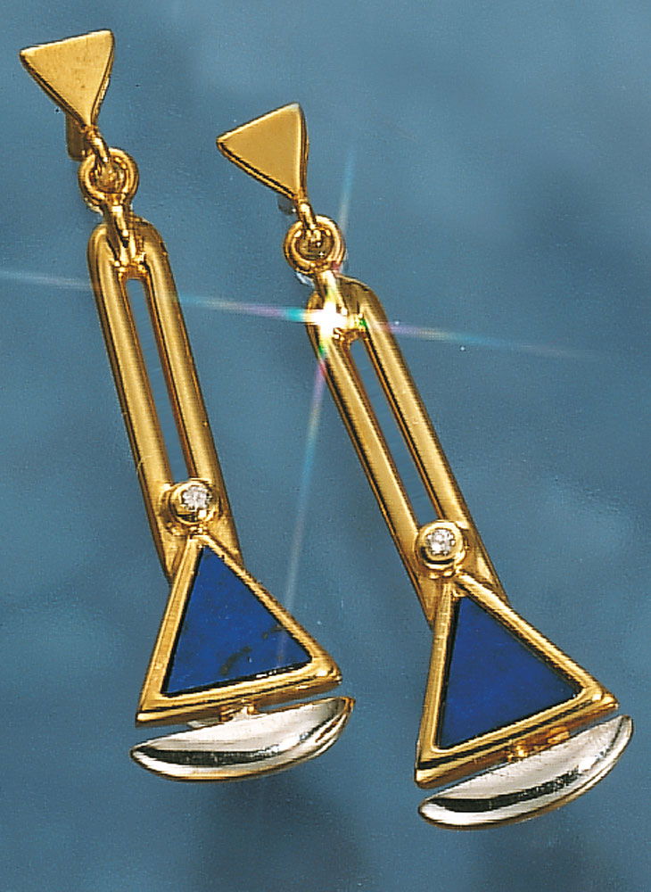 Øredobber med lapis og seilskip diamant 0,02 ct gull 585 forfra