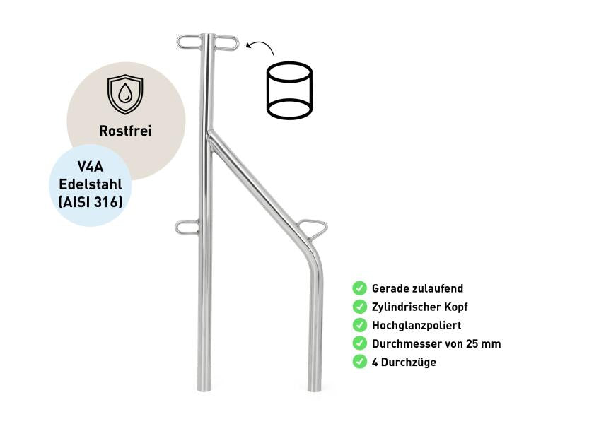Portstøtte rustfritt stål AISI 316 Ø25 mm 612 mm klar til montering