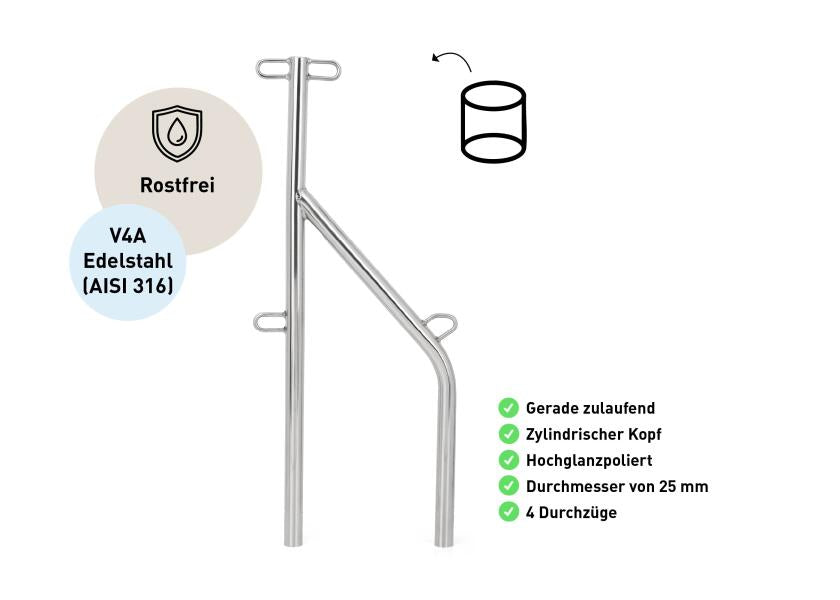 Portstøtte rustfritt stål AISI 316 Ø25 mm 642 mm for Jeanneau Sun Odyssey vinklet bilde