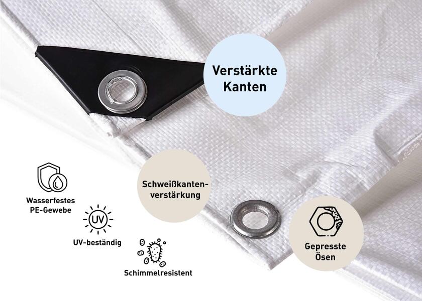 Presenning polyetylen 3 x 2 m 180 g/m² UV-bestandig hvit detalj av øye