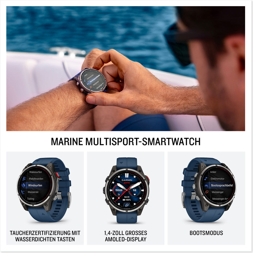 Nærbilde av titanrammen på Quatix 8 Pro marine multisport smartwatch