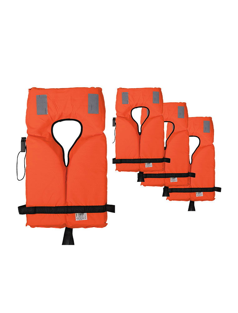 Redningsvest Storm 100 N sett med 4 vester og bag forfra