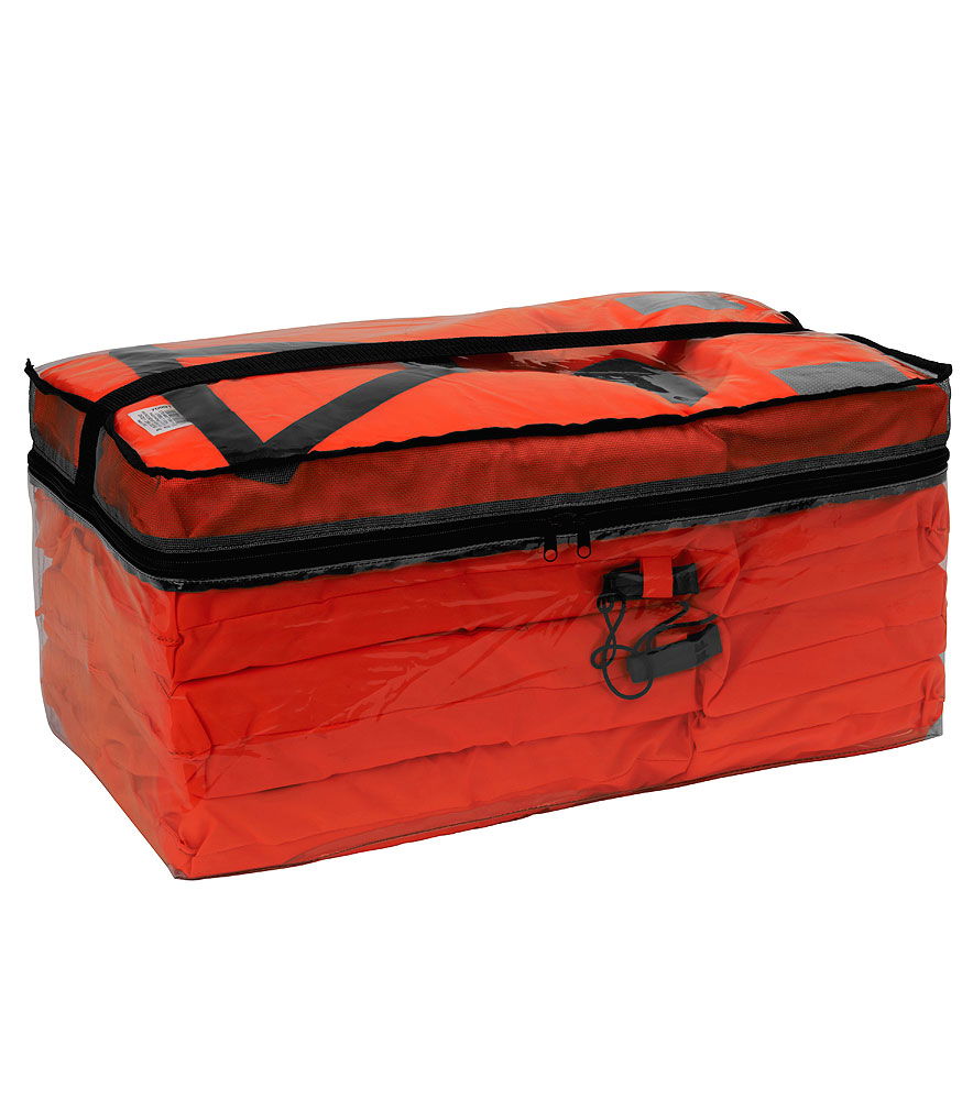 Redningsvest Storm 100 N sett med 4 vester og bag bakside
