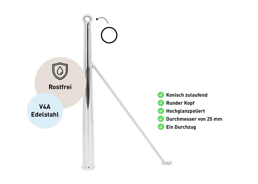 Oversiktsbilde av rekkverksstøtte rustfritt stål AISI 316 335 mm rund topp