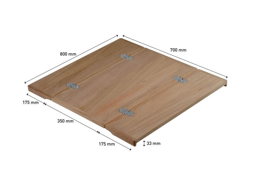 Sammenleggbar bordplate teak 800 x 700 mm med slingrekant - ARC sett fra siden