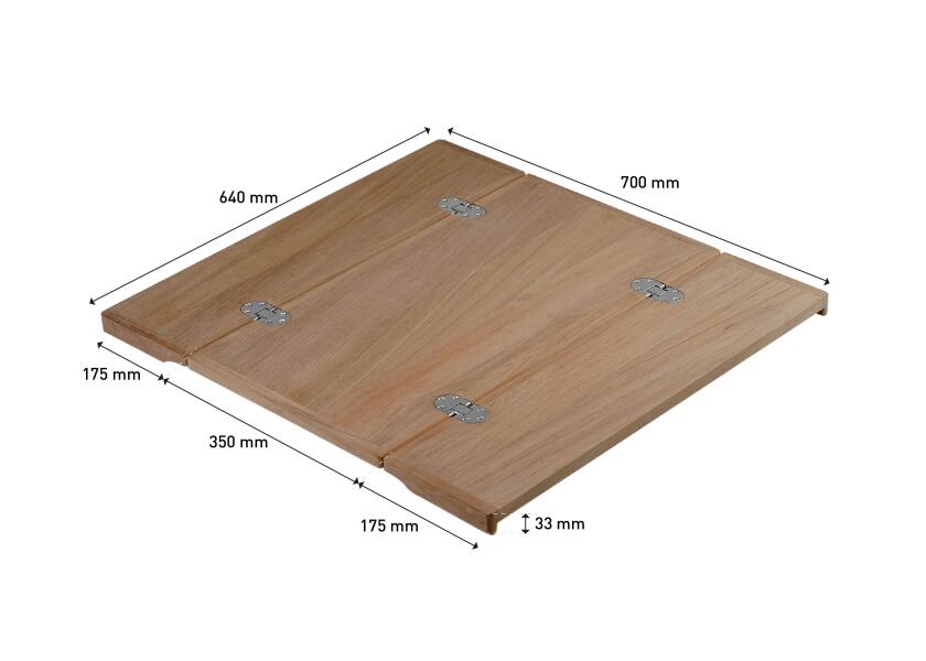 Sammenleggbar teakbordplate med kantlist 640 x 700 mm - ARC foldet sammen