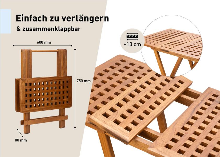 Sammenleggbart teakbord SOUTHAMPTON med gratingplate i bruk