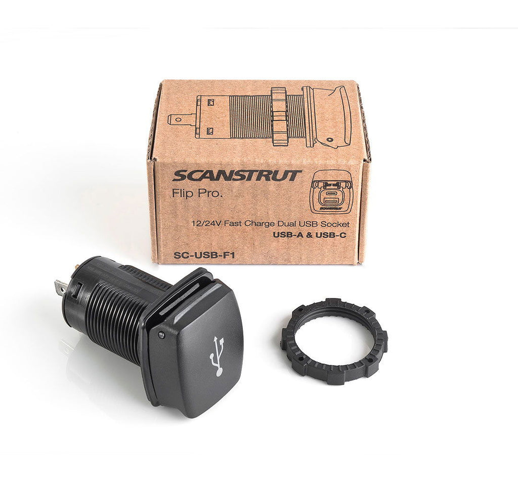 Nærbilde av Scanstrut Flip Pro dual USB-kontakt type A og C 36W