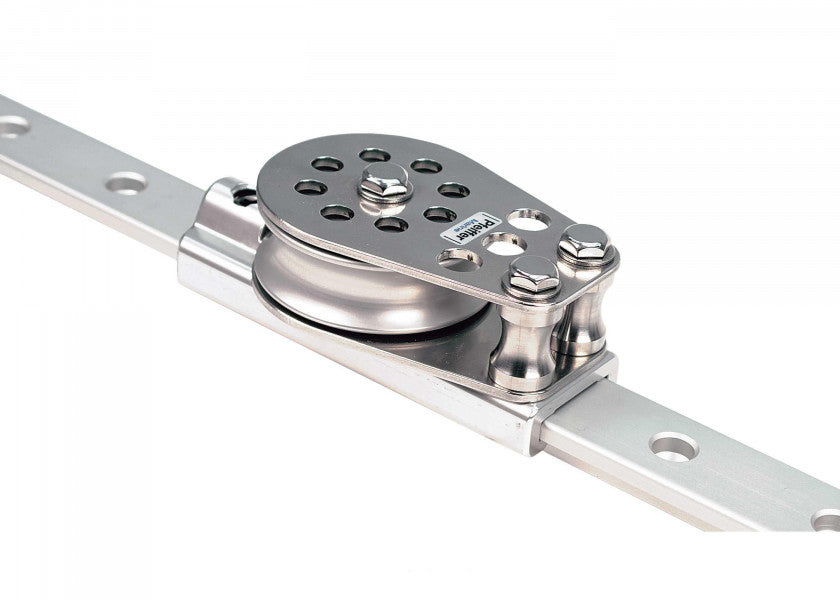 Skinnevogn med kasteblokk 14 mm for T-skinne forfra