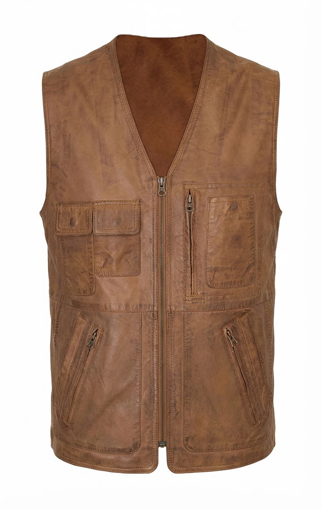 Skinnvest for herre vintage-stil med 8 lommer glidelåslommer