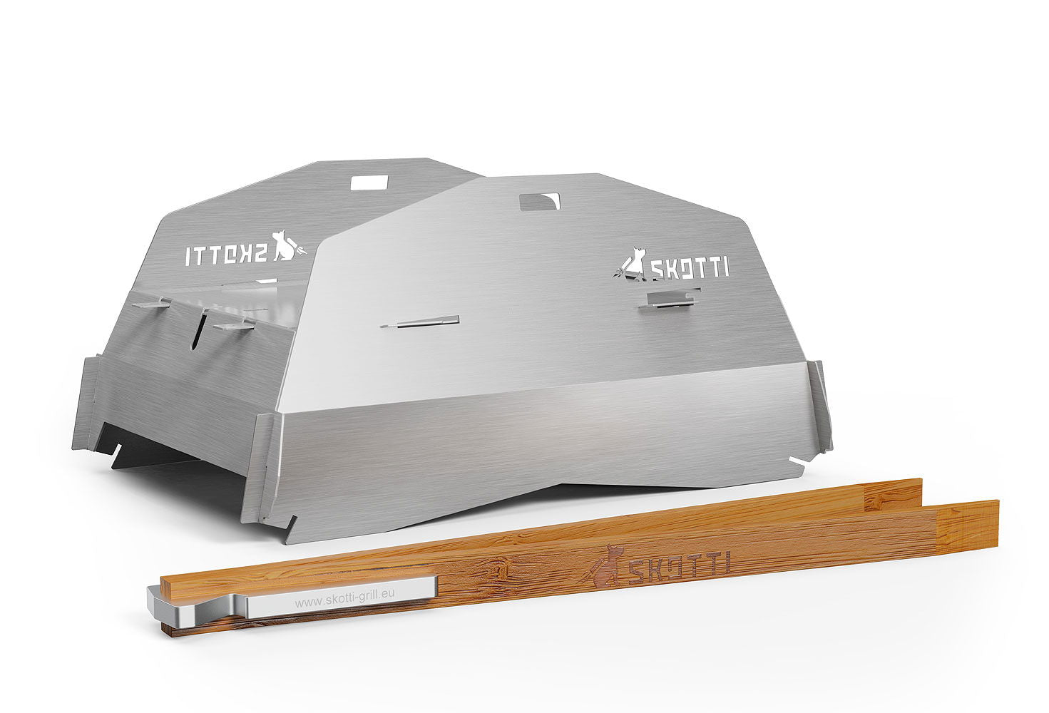 Skotti Cap vindskjerm med grilltang i akasietre rustfritt stål forfra