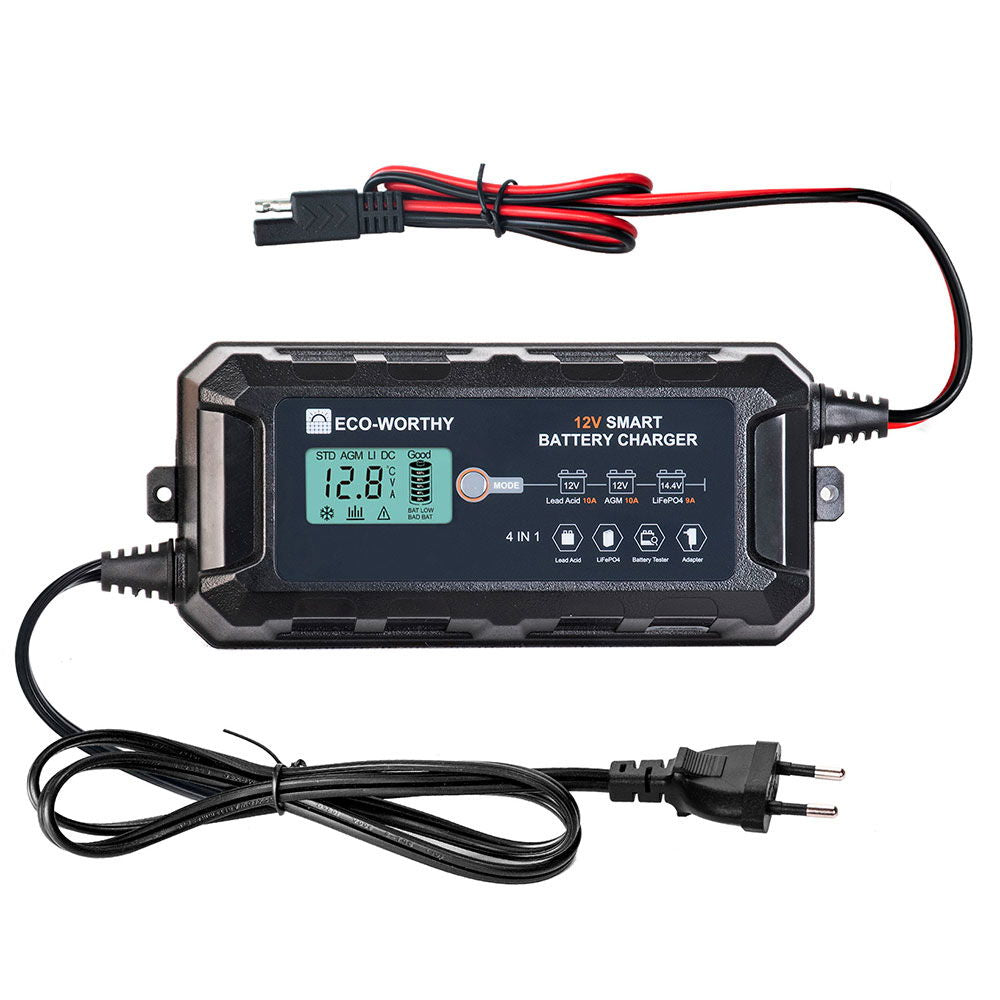 Smartlader 10A 12V for litium og blybatterier - Eco Worthy forfra