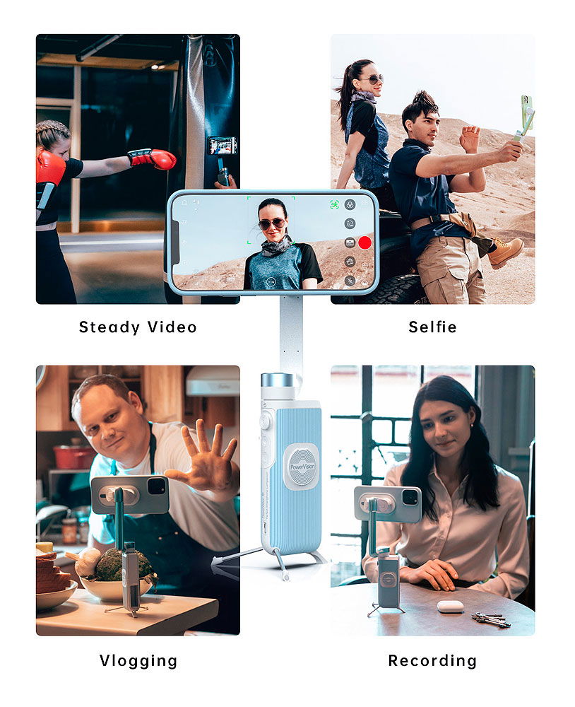 Smartphone gimbal Powervision S1 med telefon festet