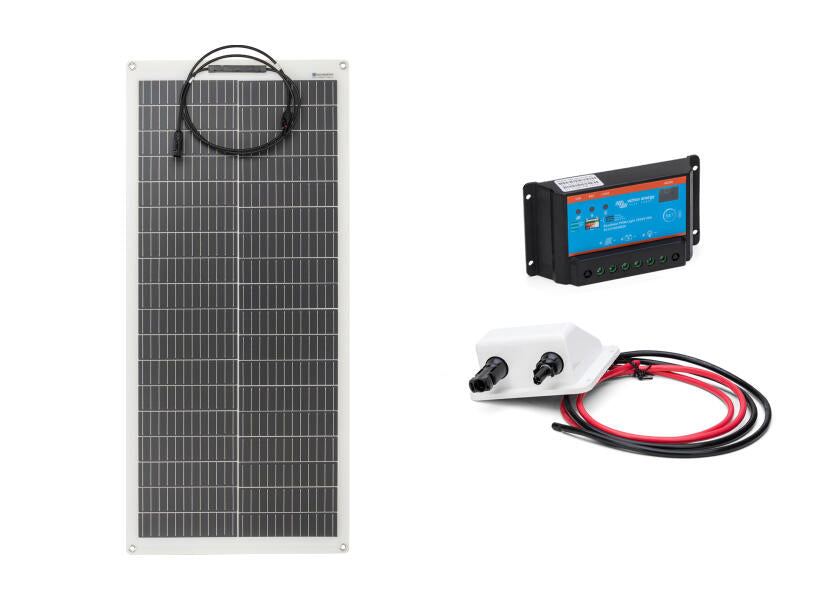 Solcellepakke komplett sett 100 W med PWM-regulator og dekksgjennomføring forfra
