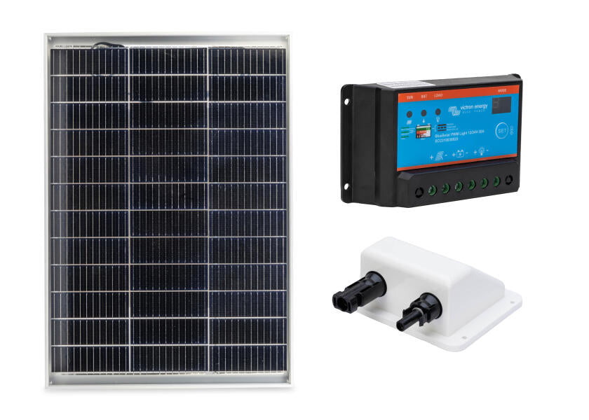 Solcellepakke komplett sett 120 W med PWM-regulator og dekksgjennomføring foran