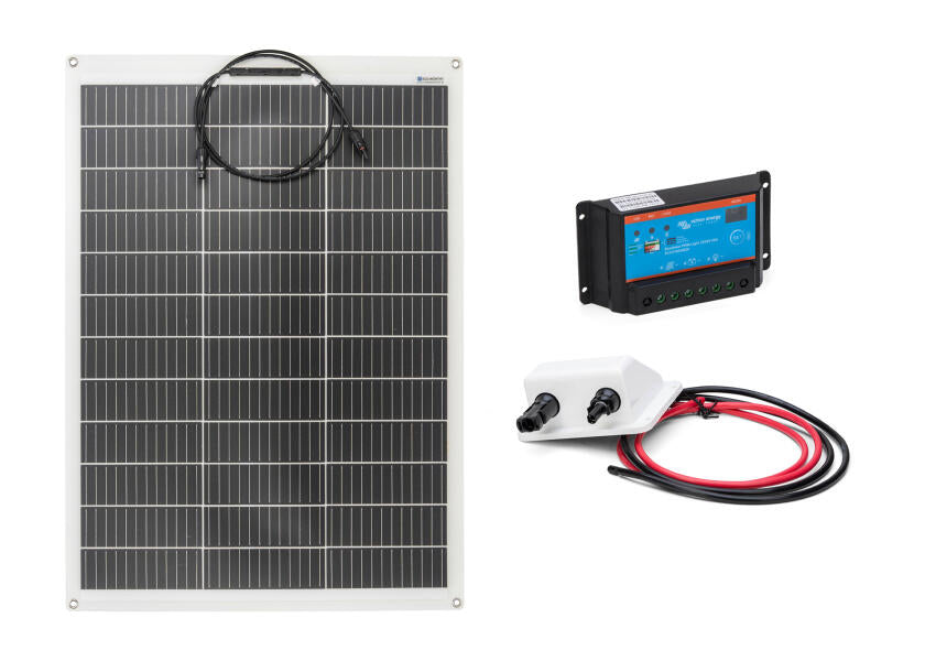 Solcellepakke komplett sett 130 W med PWM-regulator og dekksgjennomføring forfra