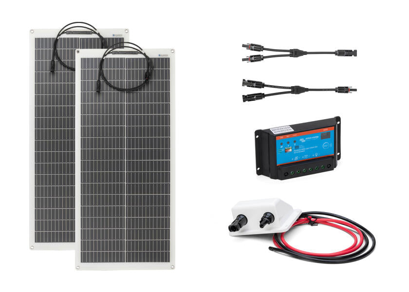 Solcellepakke komplett sett 2x 100 W med PWM laderegulator og dekksgjennomføring forfra