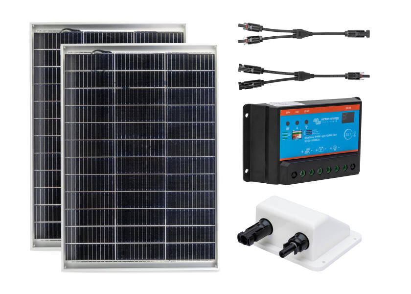 Solcellepakke komplett sett 2x 120 W bifasial med PWM laderegulator forfra