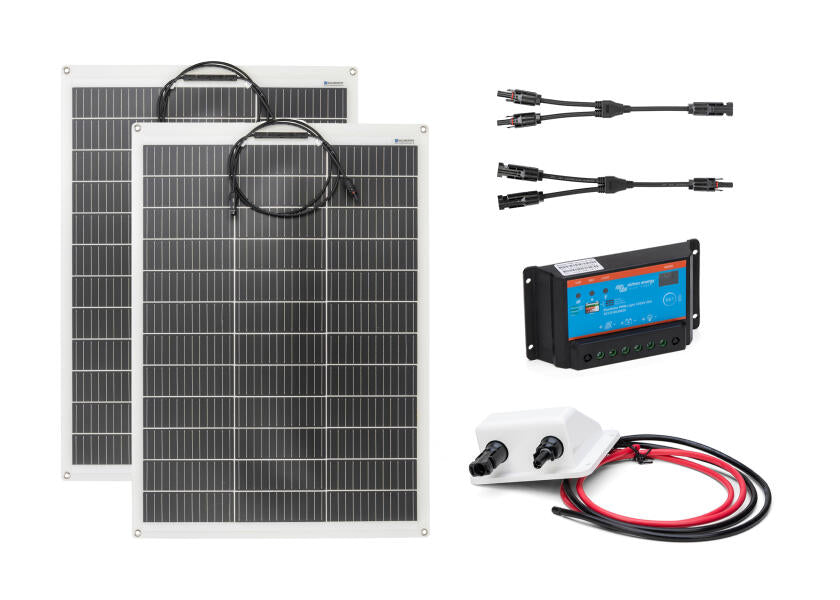 Solcellepakke komplett sett 2x 130 W med PWM laderegulator og dekksgjennomføring forfra