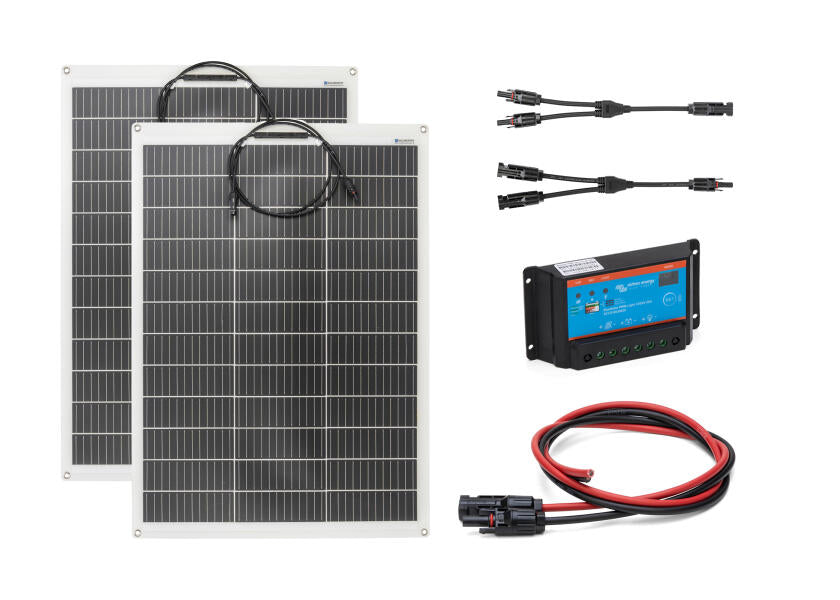 Solcellepakke komplett sett 2x 130 W semifleksibelt med PWM laderegulator forfra