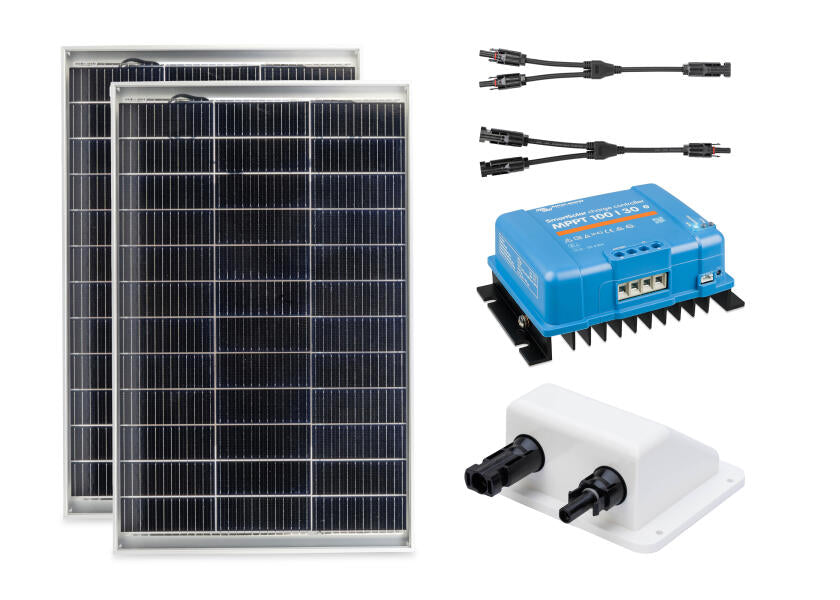 Solcellepakke komplett sett 2x 195 W med MPPT laderegulator og dekksgjennomføring forfra
