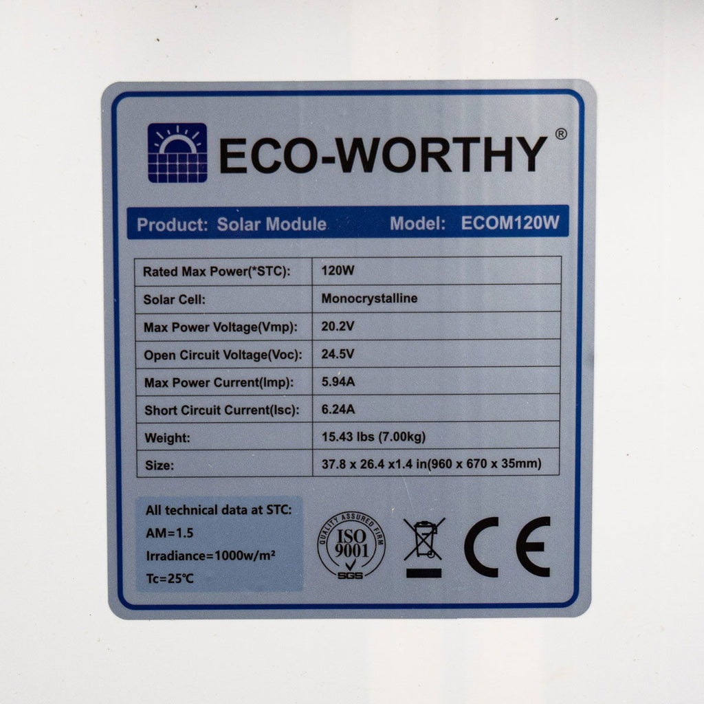 Oversikt over Solcellepanel monokrystallinsk 120 Wp 12V fast ramme Eco Worthy