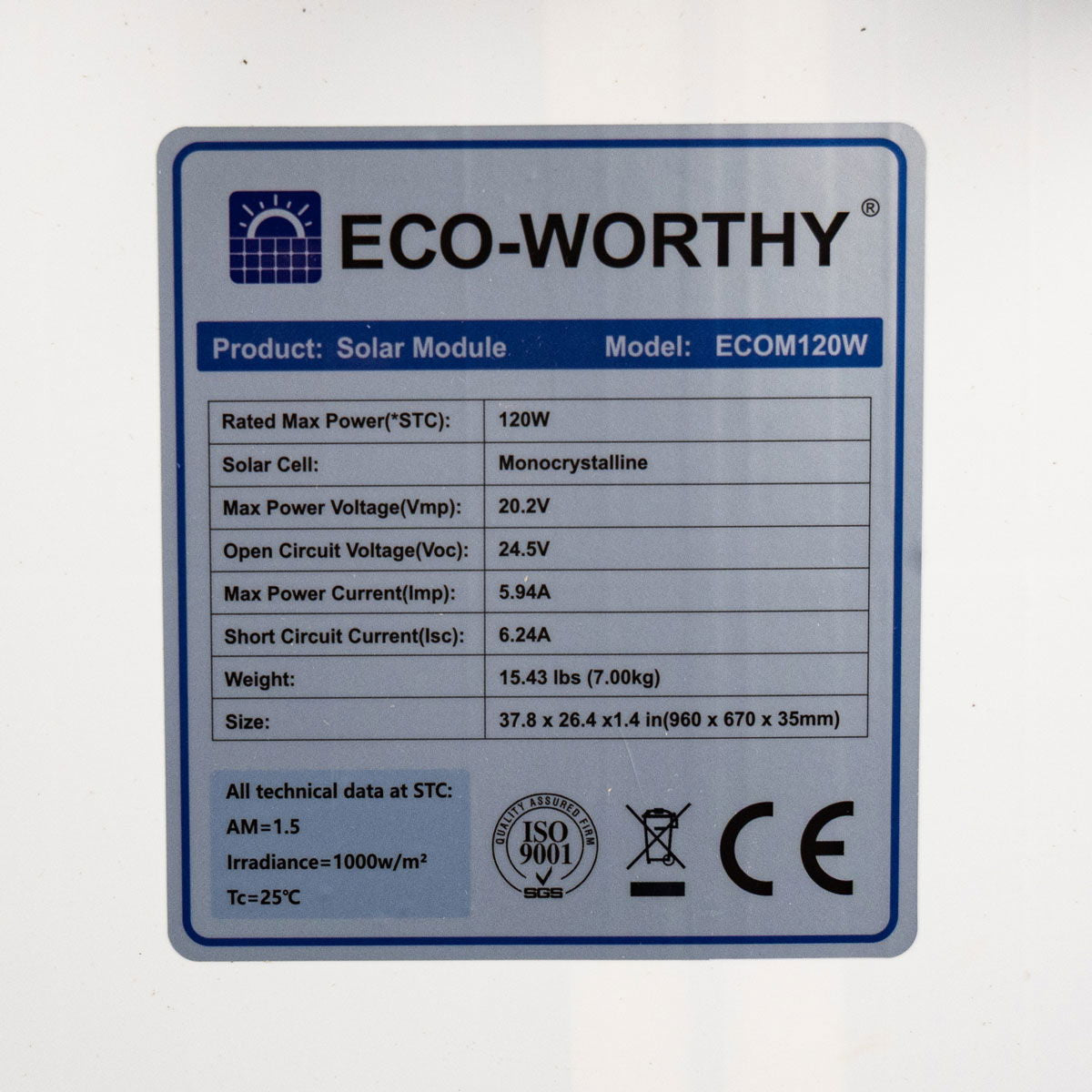 Oversikt over Solcellepanel monokrystallinsk 120 Wp 12V fast ramme Eco Worthy