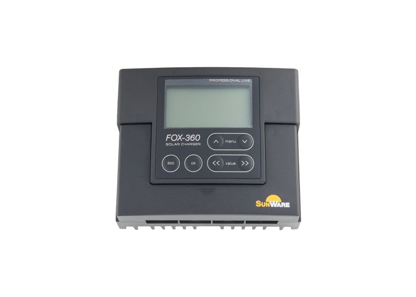 Solcelleregulator FOX-360 V2.1 for oppmontering 2 batterier forfra