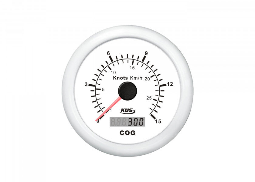 Speedometer med GPS 0-15 knop 85 mm hvit m/antenne 12V forfra