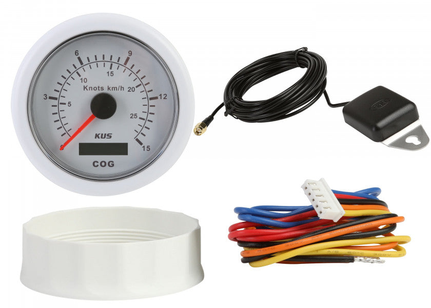 Speedometer med GPS 0-15 knop 85 mm hvit m/antenne 12V nærbilde